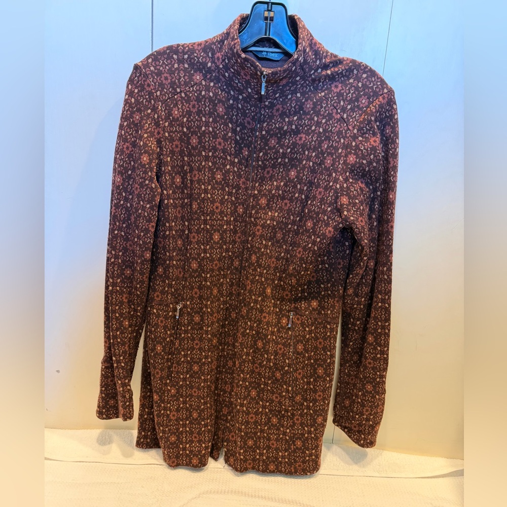 IBEX Merino Wo Zip Front Floral Print Jacket in Rust with tan accents